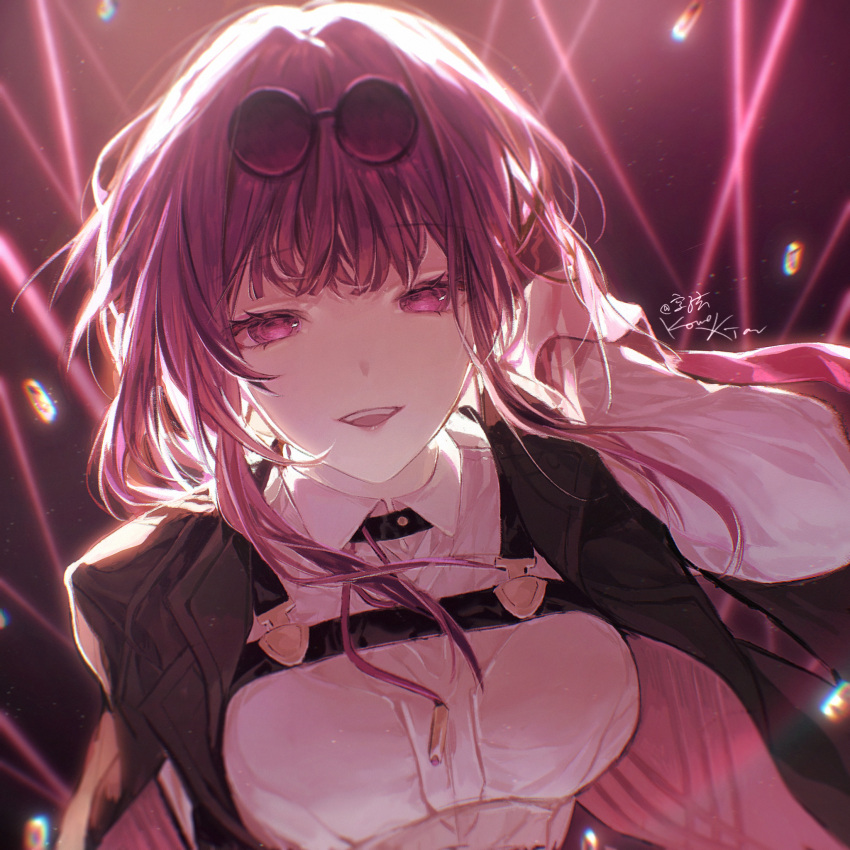 1girl artist_name chest_harness collared_shirt commentary_request eyewear_on_head gloves hand_on_own_head harness highres honkai:_star_rail honkai_(series) kafka_(honkai:_star_rail) kongxian long_hair long_sleeves looking_at_viewer open_mouth pince-nez purple_gloves purple_hair round_eyewear shirt smile solo upper_body violet_eyes white_shirt