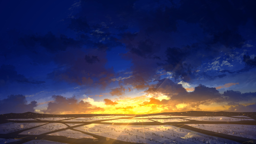 clouds farm field highres no_humans original outdoors rice_paddy rune_xiao scenery sky sun sunset
