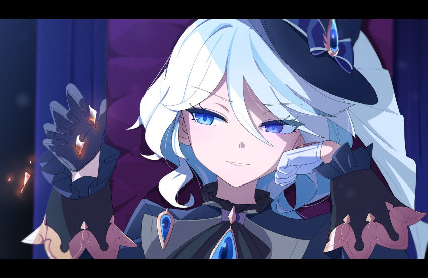 1girl ahoge ascot black_ascot black_gloves blue_brooch blue_eyes blue_hair furina_(genshin_impact) genshin_impact gloves hair_between_eyes hat heterochromia highres long_hair looking_to_the_side multicolored_hair parted_lips sidelocks sitting smile solo streaked_hair two-tone_hair upper_body usuaji white_gloves