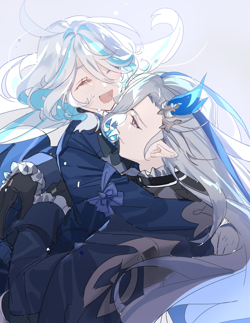 1boy 1girl absurdres ahoge arms_around_back black_gloves blue_hair blue_jacket blush closed_eyes closed_mouth crying english_commentary feather_hair_ornament feathers furina_(genshin_impact) genshin_impact gloves gradient_background hair_between_eyes hair_ornament happy highres hug jacket light_blue_hair long_hair lower_teeth_only mnrkgko0 multicolored_hair neuvillette_(genshin_impact) open_mouth pointy_ears sidelocks smile streaked_hair tears teeth two-tone_hair