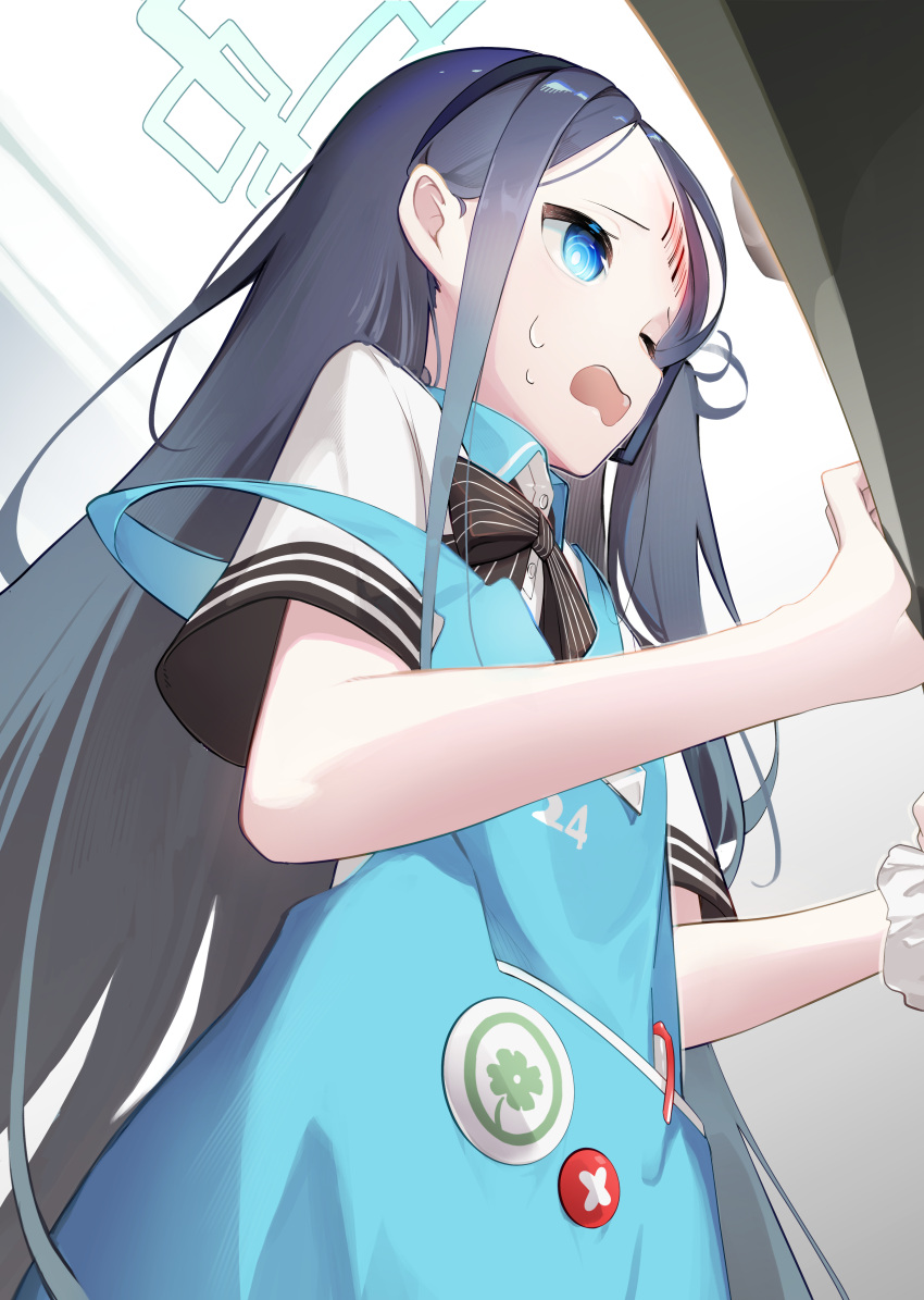 1girl absurdres alternate_costume angel's_24_uniform_(blue_archive) apron aris_(blue_archive) black_hair black_ribbon blue_apron blue_archive blue_eyes commentary from_below green_halo halo highres long_hair looking_ahead n_sol neck_ribbon official_alternate_costume open_mouth ribbon shirt short_sleeves side_ponytail solo striped striped_ribbon sweatdrop white_shirt