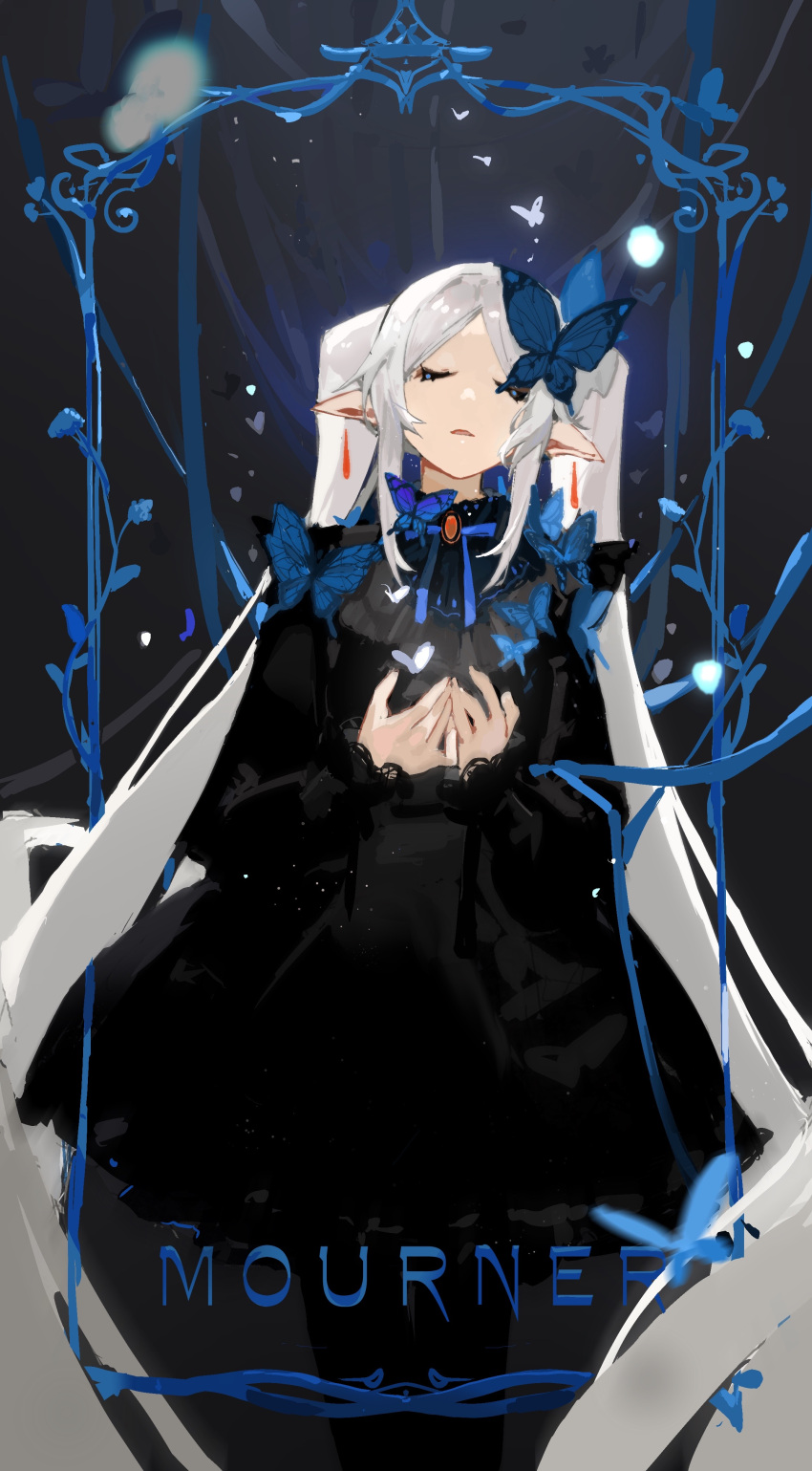 1girl absurdres ailisimeiyoumeng alternate_costume black_dress blue_butterfly bug butterfly closed_eyes dress earrings frieren highres jewelry long_hair long_sleeves open_mouth pointy_ears sidelocks solo sousou_no_frieren twintails white_hair