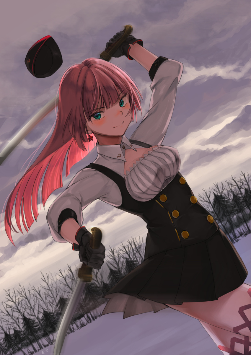 1girl absurdres aqua_eyes black_gloves black_skirt blush breasts clouds cloudy_sky cowboy_shot dual_wielding earrings eile english_commentary forest garrison_cap girls_frontline gloves hammer_and_sickle hat highres holding jewelry medium_breasts motion_blur nature pink_hair pleated_skirt shashka simonov_(girls'_frontline) skirt sky smile snow solo star_(symbol) star_earrings sword weapon