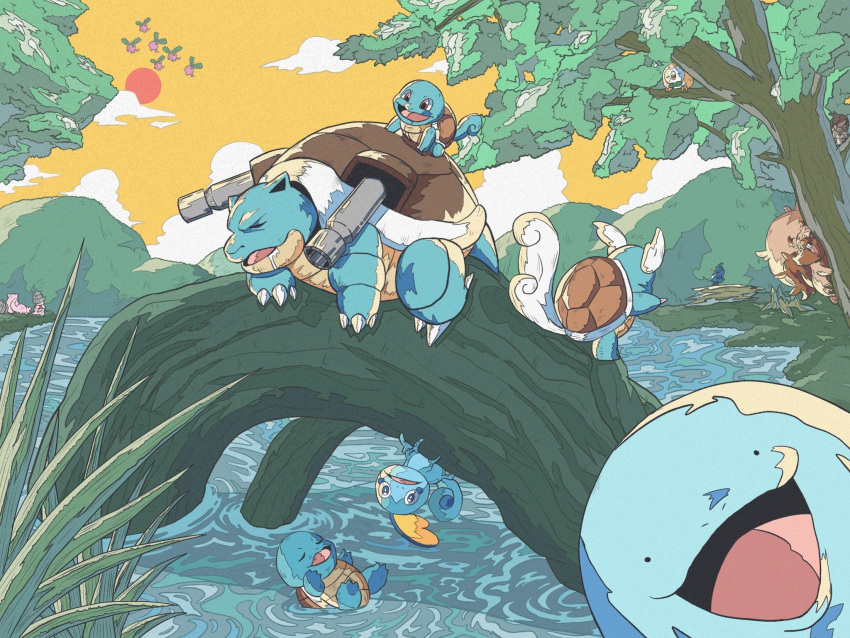 animal_focus blastoise closed_eyes clouds cramorant debudebumetabo evolutionary_line flying greedent highres hoppip looking_at_viewer no_humans open_mouth pokemon pokemon_(creature) quagsire red_sun ripples rowlet shell skwovet sky slowbro slowking slowpoke sobble solid_circle_eyes squirtle tail tree wartortle water yellow_sky