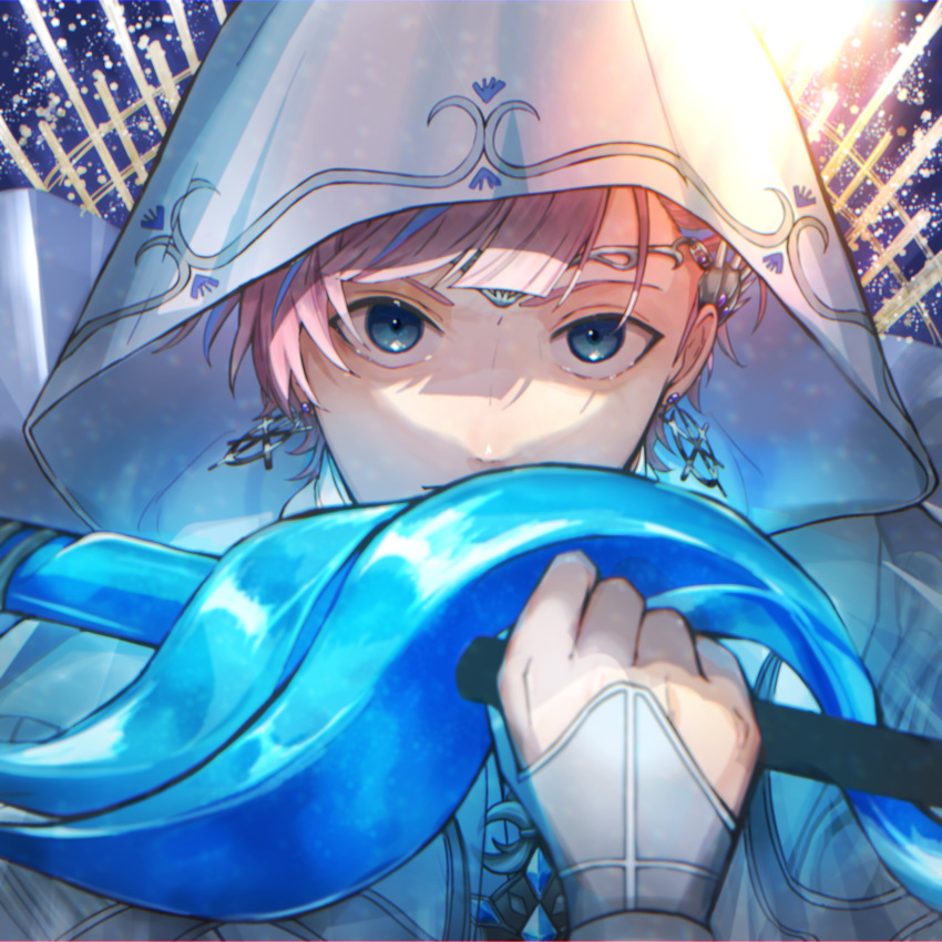 1boy a3! absurdres asuka_haruto blue_background blue_eyes blue_hair cloak closed_mouth earrings gauntlets highres holding holding_sword holding_weapon hood hood_up jewelry looking_at_viewer male_focus multicolored_background multicolored_hair ojou_(morimorimono) pink_hair short_hair solo sword weapon white_cloak yellow_background