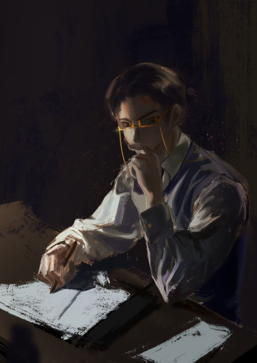 1boy black_background black_hair chinese_commentary commentary_request covered_mouth dark desk elbows_on_table glasses hand_on_own_chin highres holding holding_pencil klein_moretti lord_of_the_mysteries muying31491 paper partially_shaded_face pencil rimless_eyewear shirt solo white_shirt writing