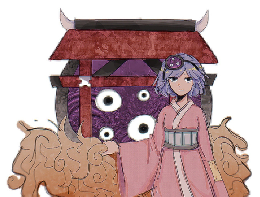 1other :| androgynous black_eyes black_hairband closed_mouth commentary english_commentary hairband japanese_clothes kimono len'en long_sleeves looking_at_viewer mitsumo obi other_focus pink_kimono purple_hair sanpaku sash short_hair simple_background terumi_(len'en) white_background wings-of-magritte