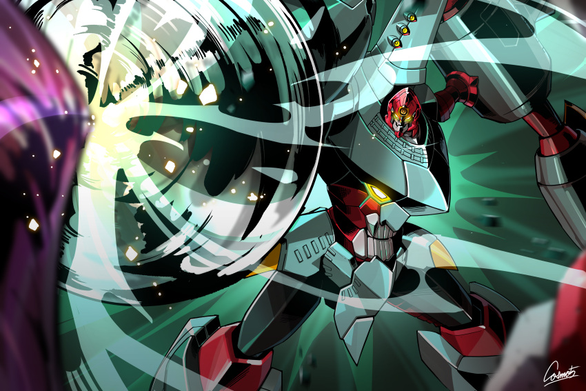 absurdres arc_gurren-lagann attack commentary cosmo-5 debris drill foreshortening glowing glowing_eyes highres looking_at_viewer mecha no_humans robot science_fiction signature solo super_robot tengen_toppa_gurren_lagann yellow_eyes