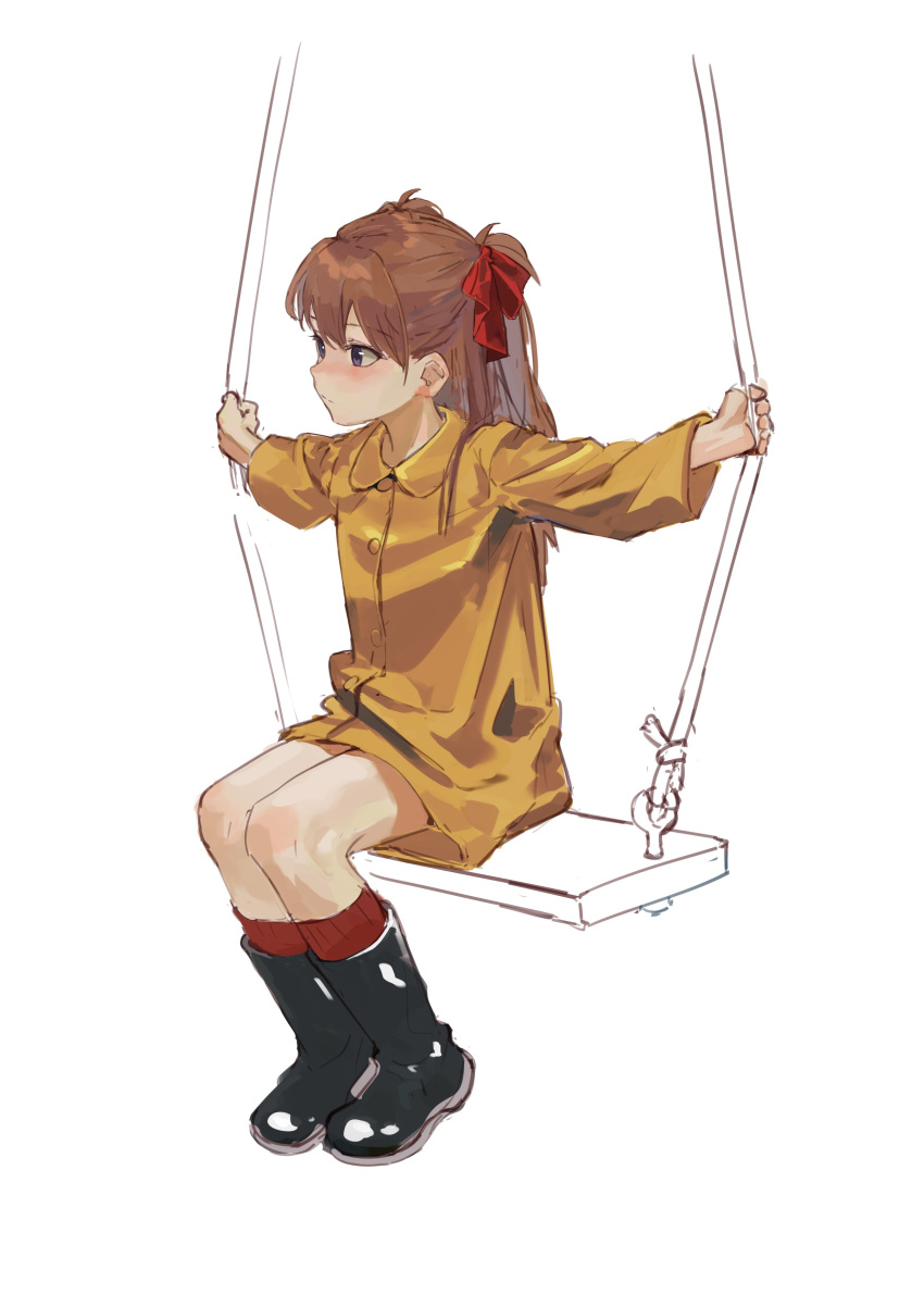 1girl absurdres aged_down black_footwear blue_eyes blush boots dress hair_between_eyes hair_ribbon highres holding holding_rope long_hair looking_ahead neon_genesis_evangelion nose_blush outstretched_arms partially_colored red_ribbon red_socks redhead ribbed_socks ribbon rope rubber_boots short_dress simple_background sitting socks solo souryuu_asuka_langley swing tss-mire two_side_up white_background yellow_dress