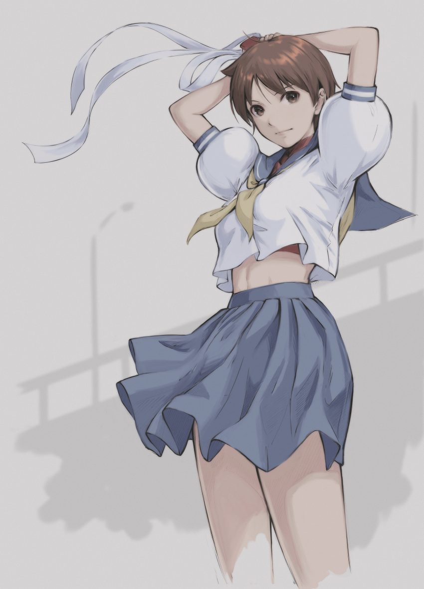 1girl absurdres arms_behind_head arms_up breasts brown_eyes brown_hair closed_mouth highres holding kasugano_sakura lips looking_at_viewer midriff pleated_skirt puffy_short_sleeves puffy_sleeves red_tank_top sailor_collar school_uniform short_hair short_sleeves simple_background skirt small_breasts solo street_fighter street_fighter_zero_(series) striped tank_top tyanoki