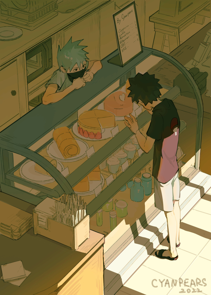 2boys absurdres aged_down bakery black_eyes black_hair black_mask black_shirt bottle cake counter cyanpears drinking_straw food full_body hand_on_glass hatake_kakashi highres indoors looking_at_another male_focus menu_board multiple_boys napkin naruto naruto_(series) pastry plate sandals shirt shop short_hair shorts spiky_hair sunlight uchiha_obito white_hair white_shorts