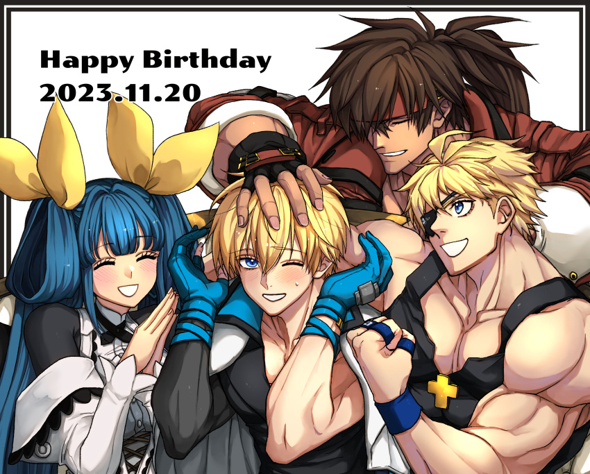1girl 3boys black_gloves blonde_hair blue_eyes blue_gloves blue_hair brown_hair dated dizzy_(guilty_gear) ebi_pri_shrimp eyepatch family father-in-law_and_son-in-law father_and_son fingerless_gloves forehead_protector gloves grandfather_and_grandson guilty_gear guilty_gear_strive hair_between_eyes hair_ribbon hair_rings happy_birthday headband highres husband_and_wife ky_kiske long_hair looking_at_viewer male_focus mother_and_son multiple_boys muscular muscular_male open_mouth pectorals ribbon short_hair sin_kiske smile sol_badguy spiky_hair yellow_ribbon