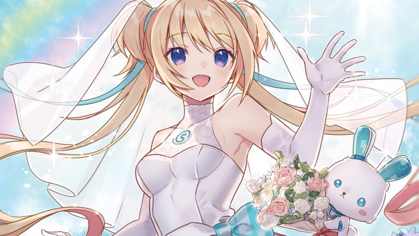 1girl :d aqua_ribbon bare_shoulders blonde_hair blush bouquet colored_eyelashes commentary_request dress elbow_gloves floating_hair flower gloves hair_between_eyes hair_ribbon hand_up happy light_blue_background long_hair long_ribbon looking_at_viewer lunar-q lunaria_-virtualized_moonchild- miyoshino open_mouth pink_flower pink_rose rainbow ribbon rose simple_background sleeveless sleeveless_dress smile solo sparkle twintails two_side_up upper_body very_long_hair violet_eyes waving wedding_dress white_dress white_flower white_gloves white_rose
