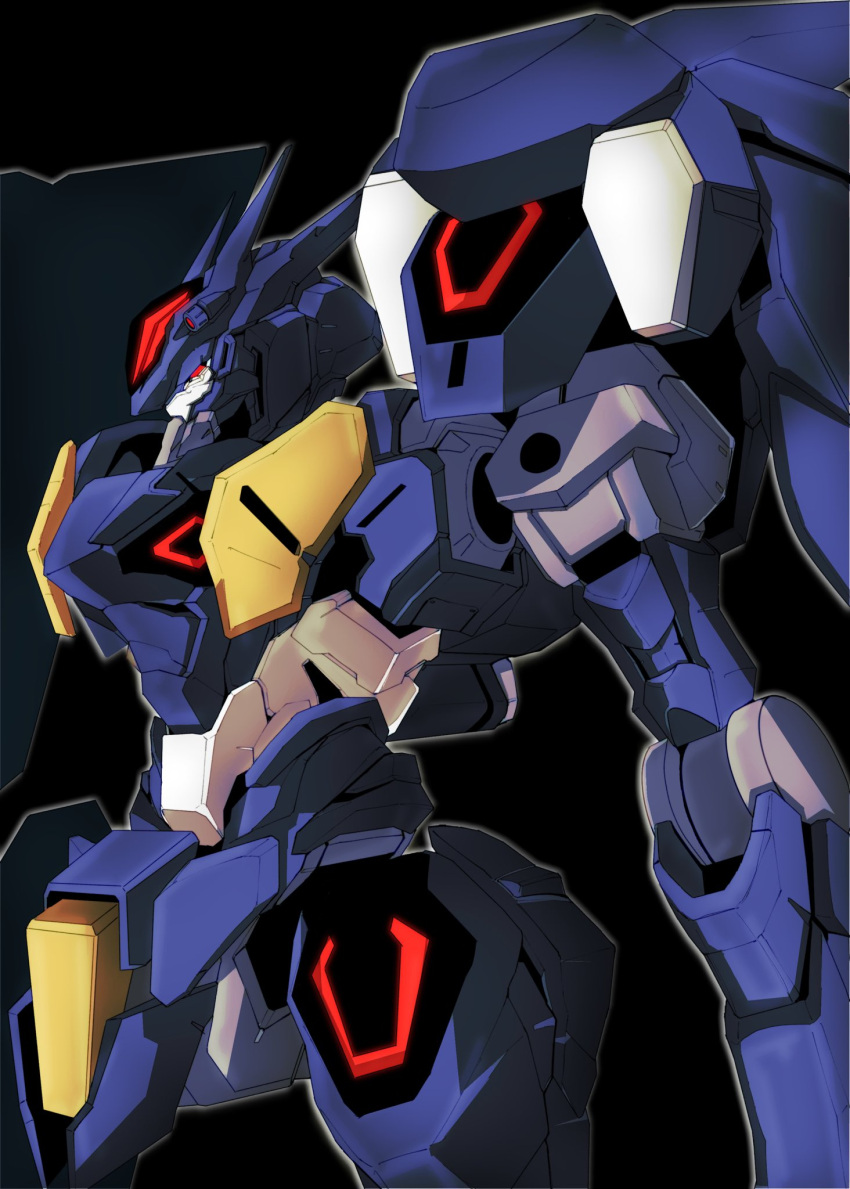 arm_at_side black_background commentary_request from_side glowing glowing_eyes gundam gundam_pharact gundam_suisei_no_majo highres kuroiwa_cookie looking_ahead mecha mobile_suit no_humans profile red_eyes robot science_fiction simple_background solo