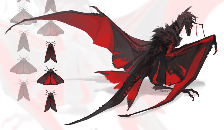 animal_focus antennae artist_name black_fur body_fur bug butterfly_wings claws dragon from_behind full_body highres insect_wings microw moth no_humans original reference_inset signature simple_background solo tail white_background wings wyvern