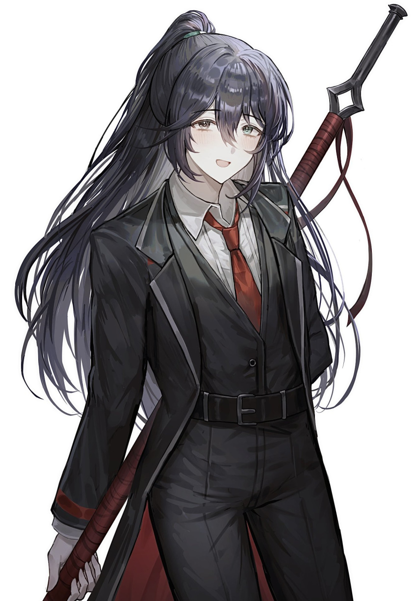 1boy aqua_eyes belt black_belt black_eyes black_hair black_pants black_vest bonno_sasu coat collared_shirt cowboy_shot guan_dao heterochromia high_ponytail highres holding holding_polearm holding_weapon hong_lu_(project_moon) limbus_company long_hair looking_at_viewer open_mouth pants polearm project_moon shirt simple_background smile solo standing very_long_hair vest weapon white_background