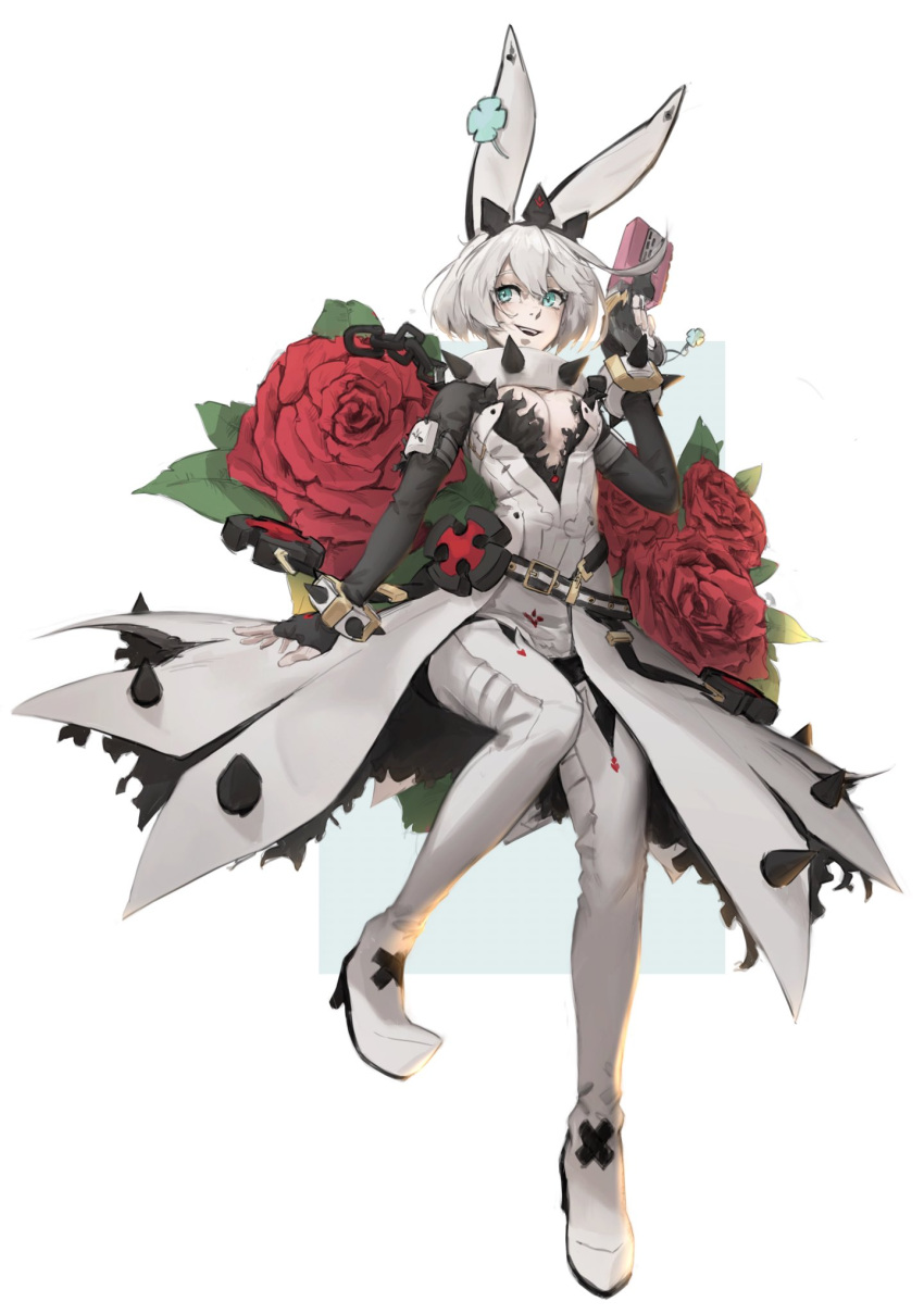 1girl ahoge animal_ears black_gloves bracelet breasts cleavage_cutout clothing_cutout clover collar dress elphelt_valentine felix_thirasat fingerless_gloves flower four-leaf_clover gloves green_eyes guilty_gear guilty_gear_xrd hairband highres huge_ahoge jewelry large_breasts looking_at_viewer open_mouth red_flower red_rose rose short_hair smile spiked_bracelet spiked_collar spiked_hairband spikes wedding_dress white_hair