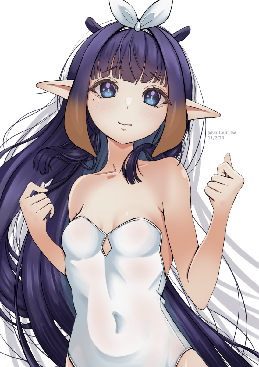 1girl artist_name black_hair blunt_bangs bow dress highres hololive hololive_english long_hair looking_at_viewer nervous_smile ninomae_ina'nis pointy_ears smile twitter_username valtaur_tw white_bow white_dress