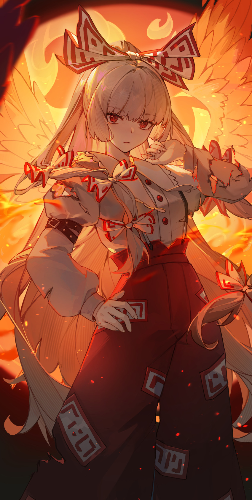 1girl absurdres baggy_pants bow burnt_clothes buttons feathered_wings fire fujiwara_no_mokou hair_bow hand_on_own_hip highres kotatsu_kaya long_hair long_sleeves ofuda ofuda_on_clothes pants red_eyes red_pants shirt sleeve_garter solo suspenders touhou white_hair white_shirt wings