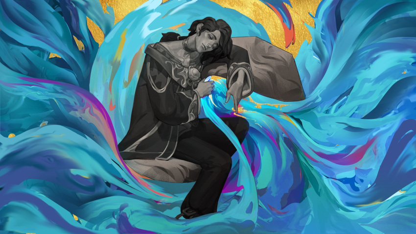 1boy closed_eyes closed_mouth earrings greyscale_with_colored_background highres hwei_(league_of_legends) jewelry league_of_legends light_smile long_sleeves male_focus official_art pain pants sitting solo swept_bangs upper_body