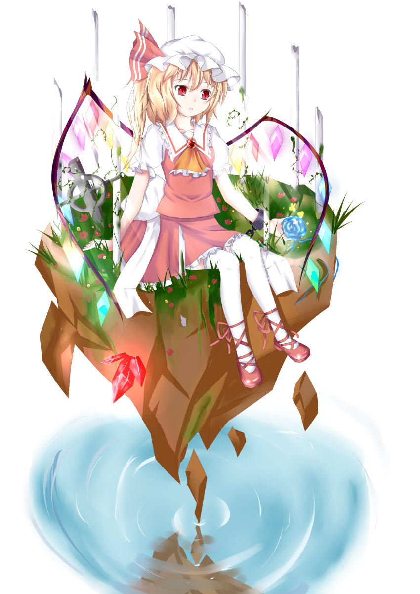 1girl absurdres ascot back_bow blonde_hair blue_flower bow breasts brooch collarbone collared_shirt crystal flandre_scarlet floating_rock flower frilled_ascot frilled_shirt_collar frilled_skirt frilled_sleeves frills full_body glowing glowing_wings grass hands_on_ground head_tilt highres jewelry large_bow mary_janes medium_hair mero_(ly21207) multicolored_wings on_ground open_mouth red_brooch red_flower red_footwear red_skirt red_vest shirt shoes sitting skirt skirt_set small_breasts solo thigh-highs touhou vest white_background white_bow white_headwear white_shirt white_thighhighs wings yellow_ascot yellow_flower