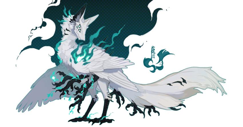animal_ears animal_focus bird_wings blue_eyes body_fur claws energy extra_eyes feathered_wings from_side full_body highres looking_at_viewer microw monster multiple_legs multiple_wings no_humans original signature simple_background solo standing tail talons wavy_mouth white_background white_fur wings