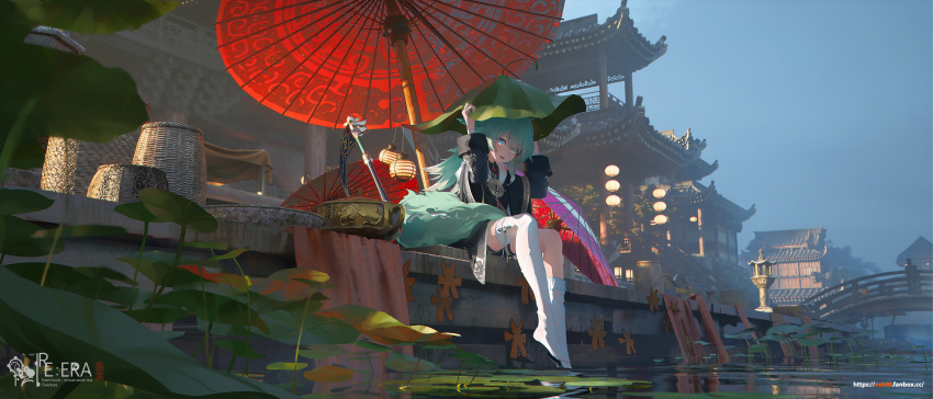 1girl absurdres animal_ears architecture asymmetrical_legwear basket black_dress bridge canal clouds cloudy_sky dress east_asian_architecture fox_ears fox_girl fox_tail green_eyes green_hair highres holding holding_plant honkai:_star_rail honkai_(series) huohuo_(honkai:_star_rail) lantern leaf lily_pad long_hair long_sleeves oil-paper_umbrella outdoors plant scenery single_thighhigh sitting sky solo stone_lantern tail thigh-highs umbrella void_0 water white_thighhighs