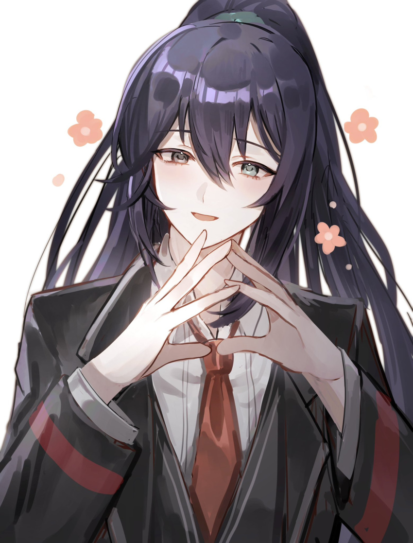 1boy black_coat black_vest blue_hair bonno_sasu coat collared_shirt half_updo highres hong_lu_(project_moon) limbus_company long_hair long_sleeves looking_at_viewer necktie project_moon red_necktie shirt sidelocks simple_background solo steepled_fingers very_long_hair vest white_background white_shirt