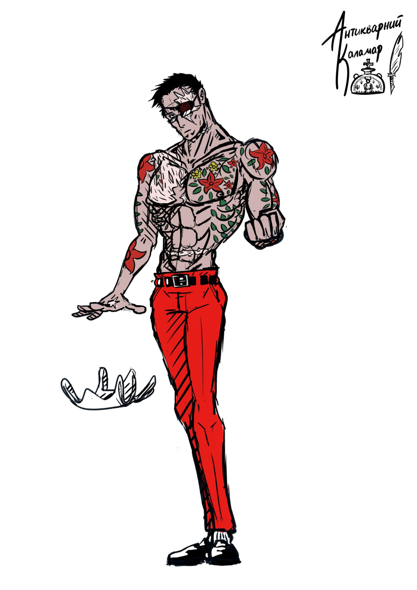 absurdres antykvarnyy_kalamar bandage_over_one_eye battle_scarred breast_tattoo flower_tattoo highres original pants red_pants scar scar_on_face scar_on_hand scar_on_neck scar_on_stomach shoulder_tattoo sketch tattoo
