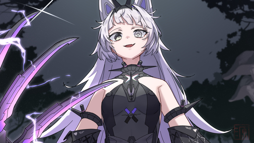 1girl animal_ears armlet berudora black_bodysuit black_hairband black_sleeves bodysuit claw_(weapon) claws collared_bodysuit commentary_request cross-shaped_pupils detached_sleeves electricity fang from_below grey_eyes hair_intakes hairband heterochromia highres long_hair looking_at_viewer mechanical_ears mismatched_pupils multicolored_eyes no.21:_feral_scent_(punishing:_gray_raven) no.21_(punishing:_gray_raven) open_mouth punishing:_gray_raven sidelocks skin_fang solo symbol-shaped_pupils very_long_hair weapon wolf_ears