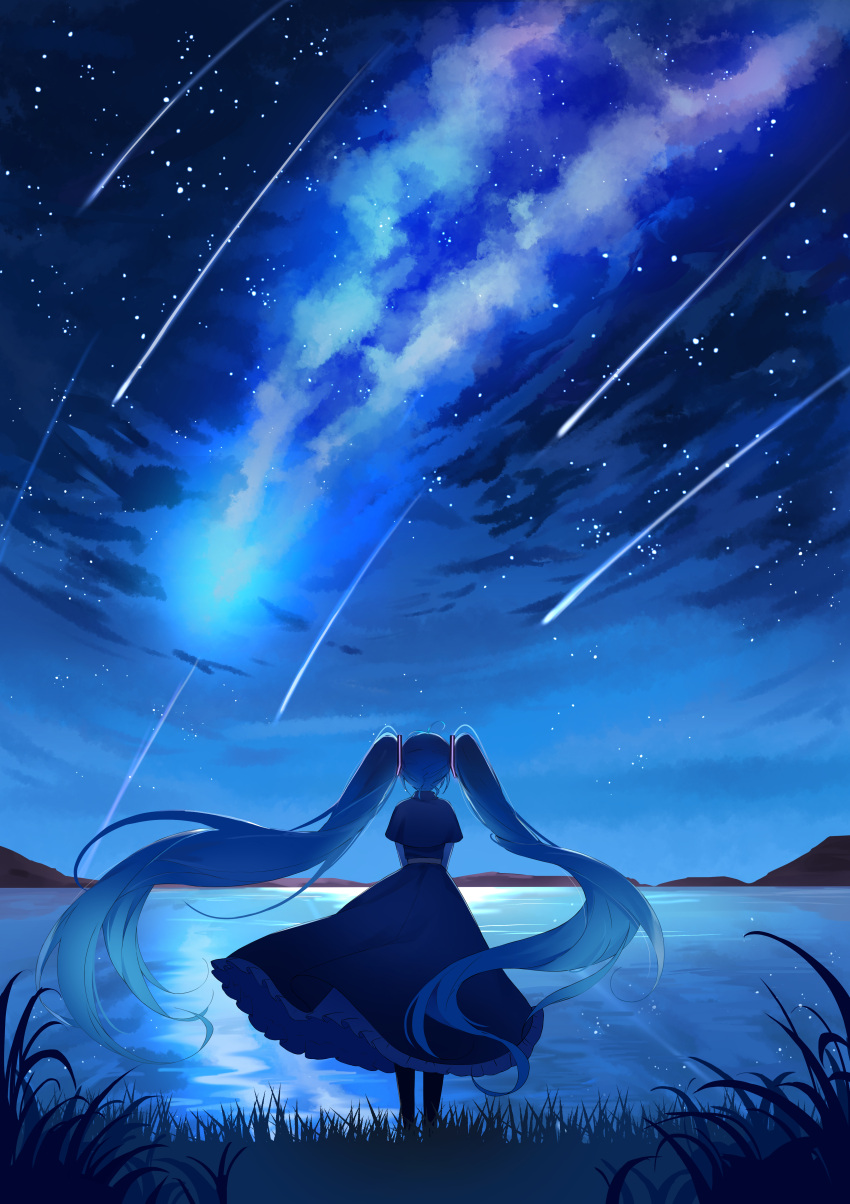 1girl absurdres black_capelet black_dress blue_hair capelet commentary_request dress facing_away floating_hair frilled_dress frills from_behind grass hatsune_miku highres lake lisu long_hair mountain night night_sky outdoors shooting_star sky solo standing star_(sky) starry_sky twintails very_long_hair vocaloid