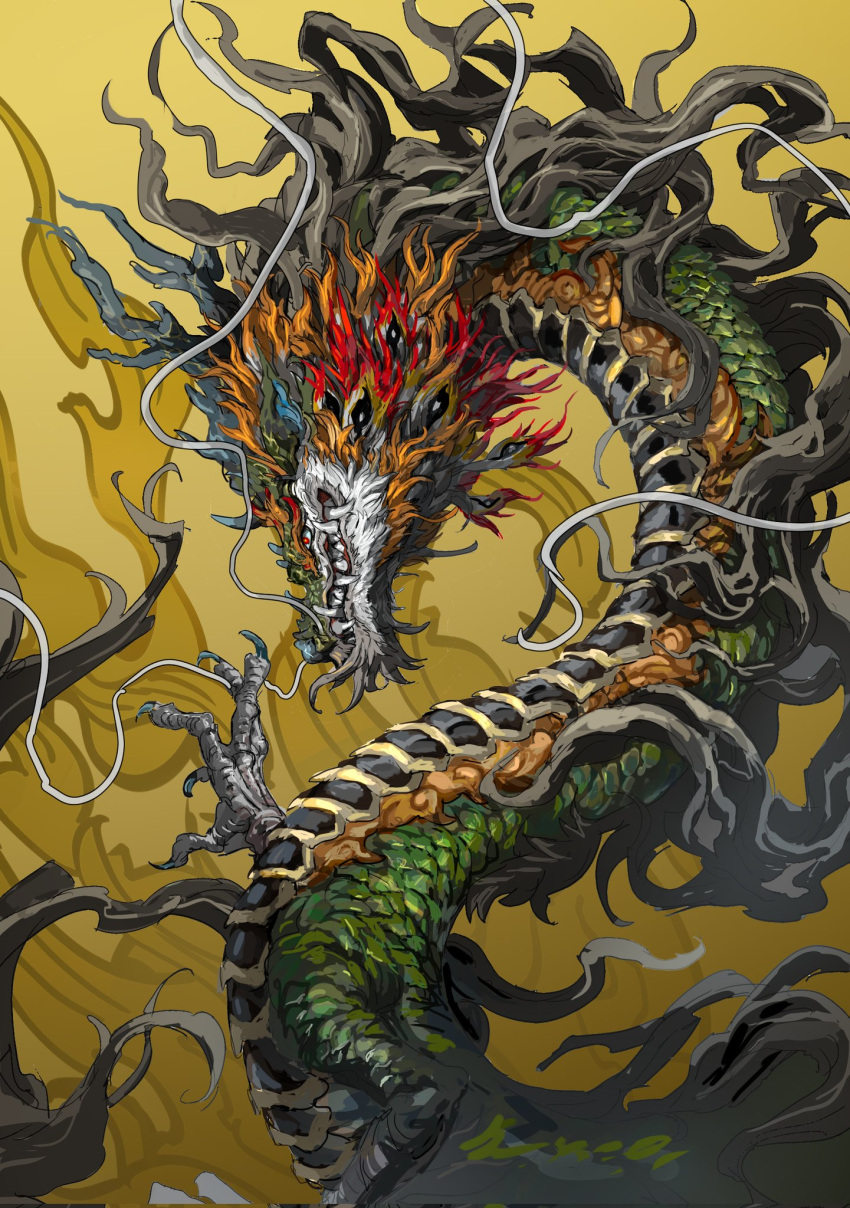 animal_focus claws clenched_teeth dragon eastern_dragon fire from_side highres mane monster no_humans original profile red_eyes scales sharp_teeth simple_background solo talons teeth upper_body whiskers xiaopizi32439 yellow_background