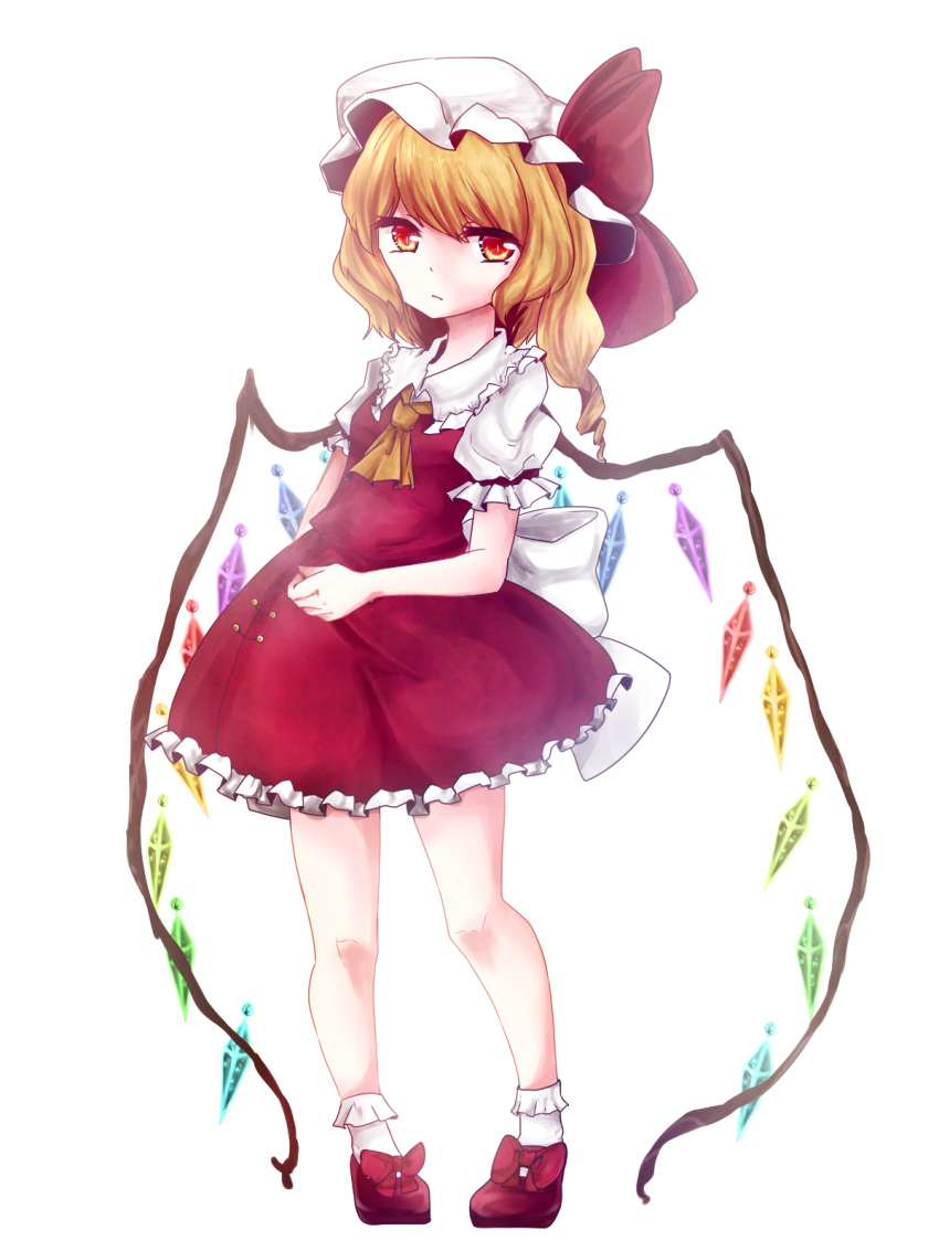 1girl back_bow backlighting blonde_hair bobby_socks bow closed_mouth collared_shirt crystal flandre_scarlet footwear_bow frilled_shirt_collar frilled_skirt frilled_sleeves frills full_body hat highres large_bow looking_at_viewer medium_hair mob_cap multicolored_wings pigeon-toed puffy_short_sleeves puffy_sleeves red_bow red_eyes red_footwear red_ribbon red_skirt red_vest ribbon shinonome_kia shirt short_sleeves simple_background skirt skirt_set sleeve_ribbon socks solo standing touhou vest white_background white_bow white_headwear white_shirt white_socks wings