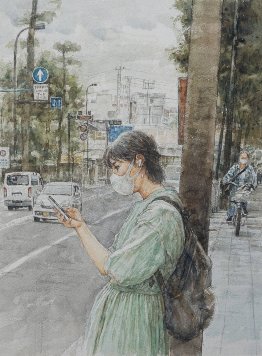car cellphone highres mask motor_vehicle mouth_mask original painting_(medium) path phone power_lines road road_sign shiki4winter sign smartphone street town traditional_media tree utility_pole watercolor_(medium)