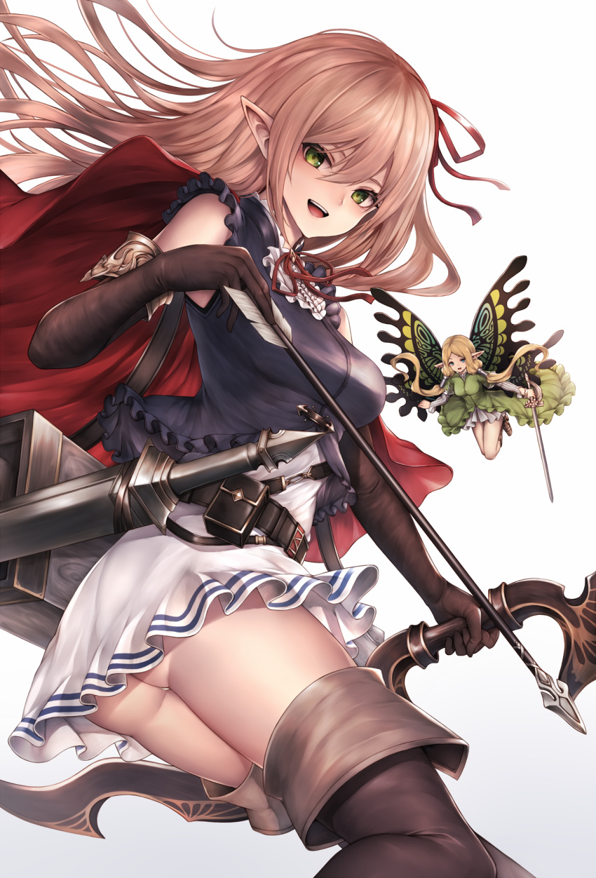 :d arisa_(shadowverse) arrow bangs belt blonde_hair blush boots bow_(weapon) breasts brown_footwear elbow_gloves elf fairy floating_hair gloves gradient gradient_background green_eyes hair_between_eyes hair_ribbon highres holding holding_arrow holding_bow_(weapon) holding_weapon inaba_sunimi long_hair looking_at_viewer medium_breasts open_mouth pointy_ears red_ribbon ribbon shadowverse sheath sheathed sidelocks simple_background skirt smile solo sword thigh-highs thigh_boots weapon