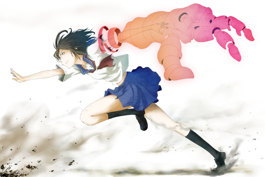 black_hair dust legs loafers midriff original outstretched_arms outstretched_hand running school_uniform serafuku shoes simple_background skirt smile socks solo torn_clothes yuuki333