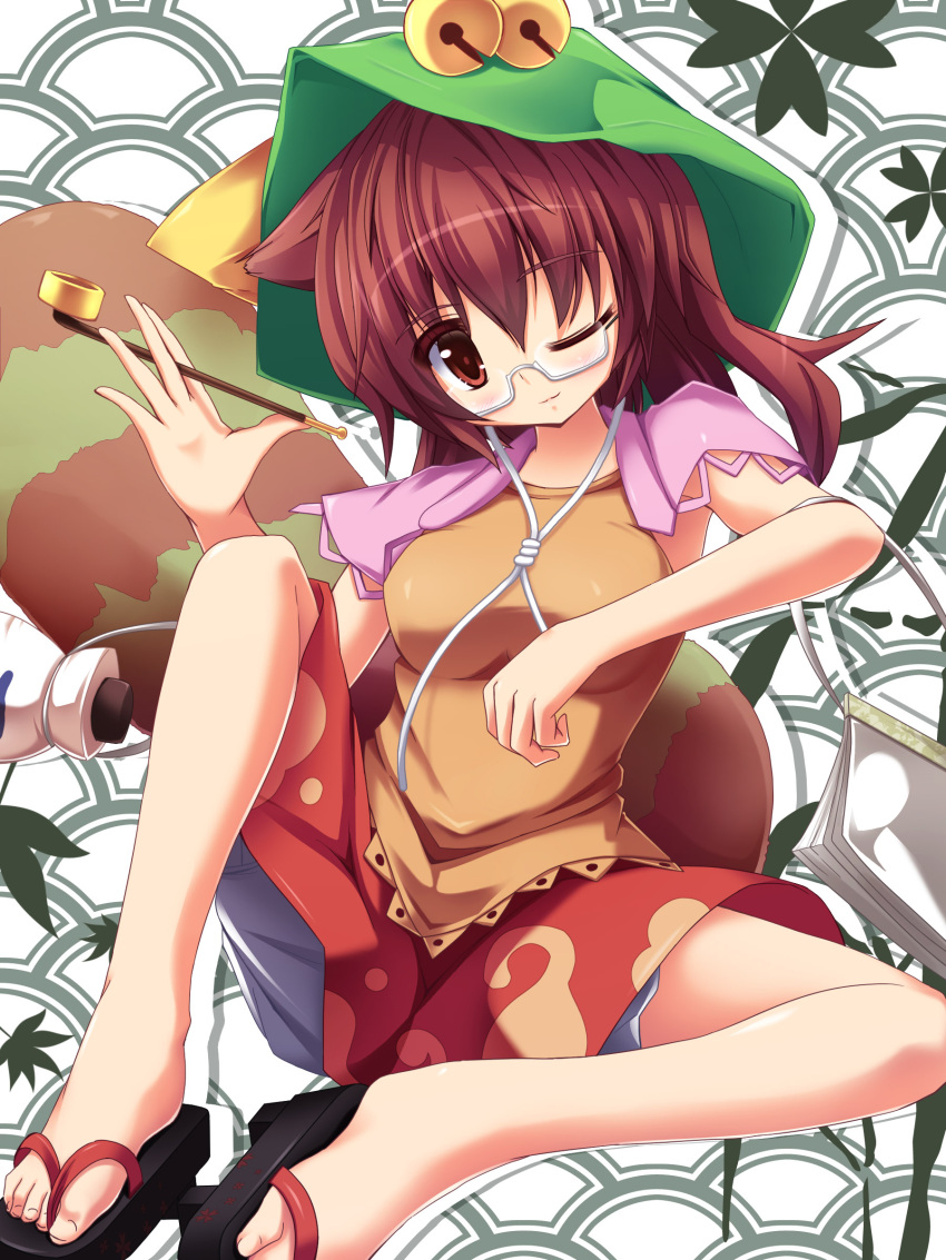 1girl absurdres animal_ears bell bloomers blouse bottle breasts brown_eyes brown_hair butterfly_sitting futatsuiwa_mamizou geta glasses hat hat_ribbon highres jingle_bell knee_up leaf leaf_on_head light_smile liya maple_leaf no_socks notepad open_hand pipe raccoon_ears raccoon_tail ribbon seigaiha semi-rimless_glasses shawl short_hair side_ponytail simple_background skirt sleeveless sleeveless_shirt solo tail touhou under-rim_glasses underwear white_background wink