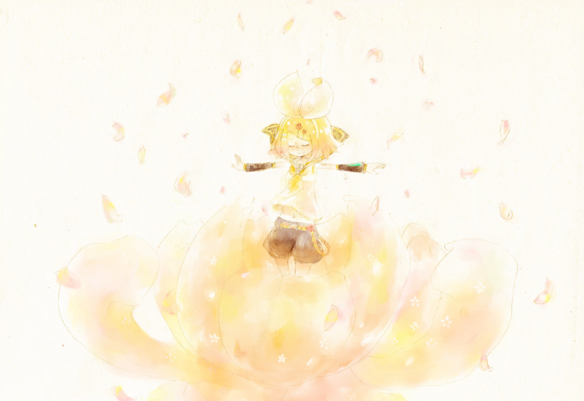 belt blonde_hair bow closed_eyes detached_sleeves flower hair_bow hair_ornament hairclip kagamine_rin navel outstretched_arms petals short_hair shorts smile solo spread_arms vocaloid yellow