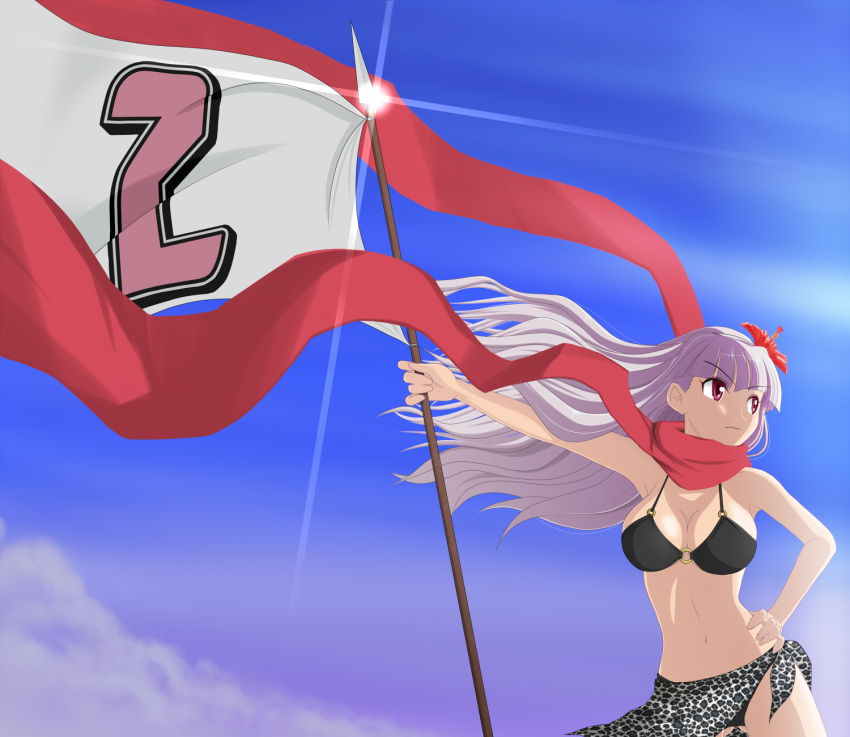 bikini breasts cleavage flag flower hair_flower hair_ornament hand_on_hip hibiscus highres idolmaster idolmaster_2 large_breasts long_hair o-ring_top polearm red_eyes red_scarf sarong scarf shijou_takane silver_hair solo spear swimsuit weapon