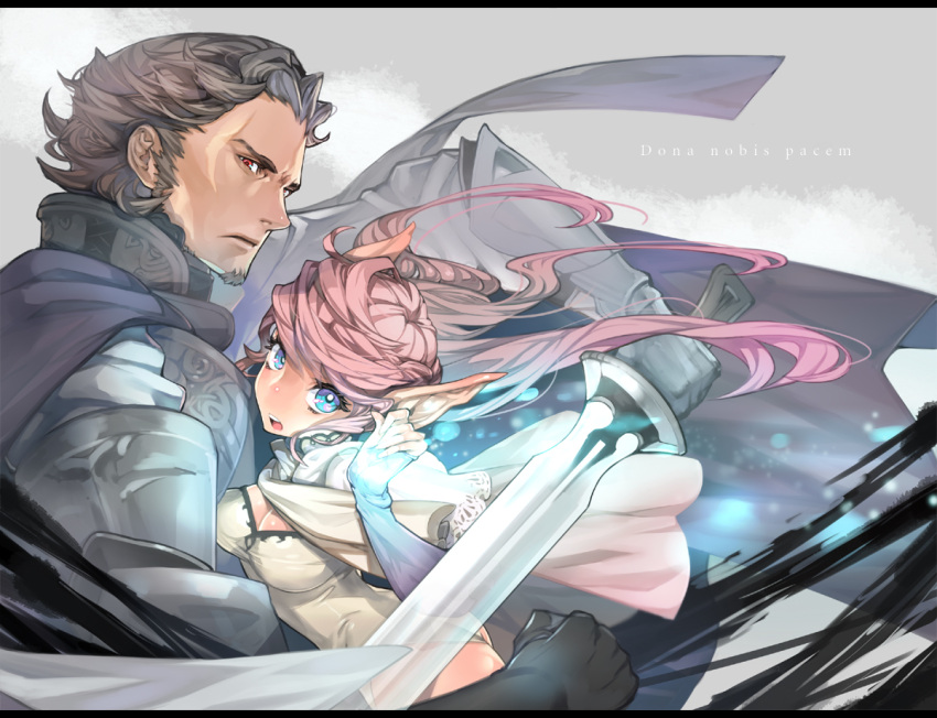 beard blue_eyes breasts brown_hair cleavage couple elbow_gloves facial_hair fingerless_gloves gloves hitowa knight leotard long_hair original pink_hair pointy_ears protect red_eyes sword weapon