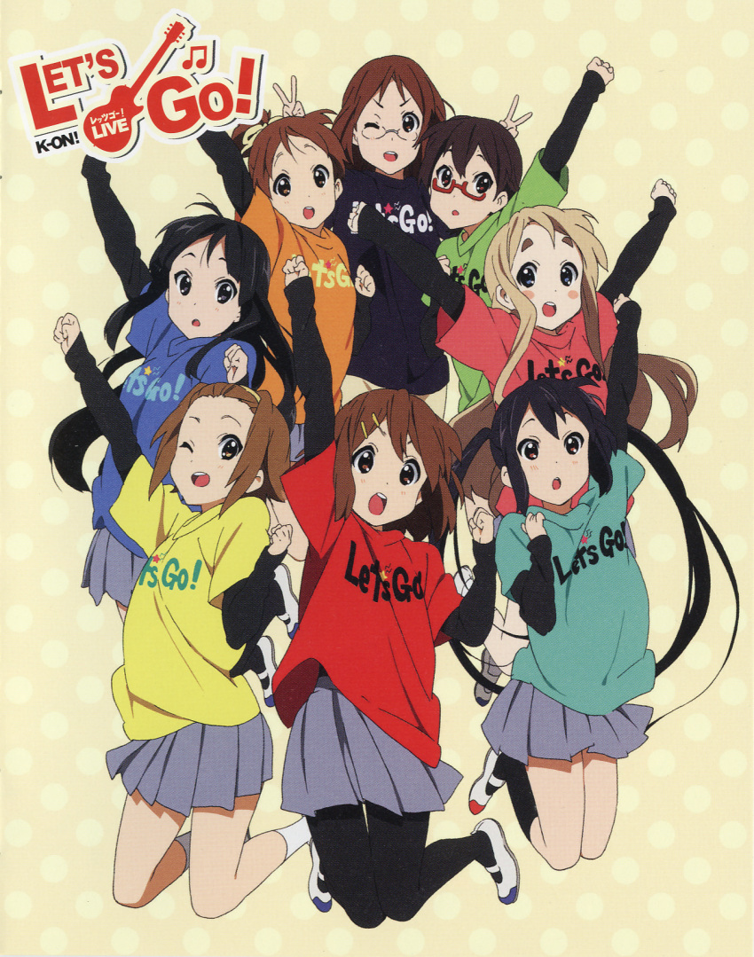 akiyama_mio clothes_writing girls glasses highres hirasawa_ui hirasawa_yui jumping k-on! kotobuki_tsumugi let's_go! manabe_nodoka multiple_girls nakano_azusa pantyhose reference_work short_over_long_sleeves t-shirt tainaka_ritsu yamanaka_sawako