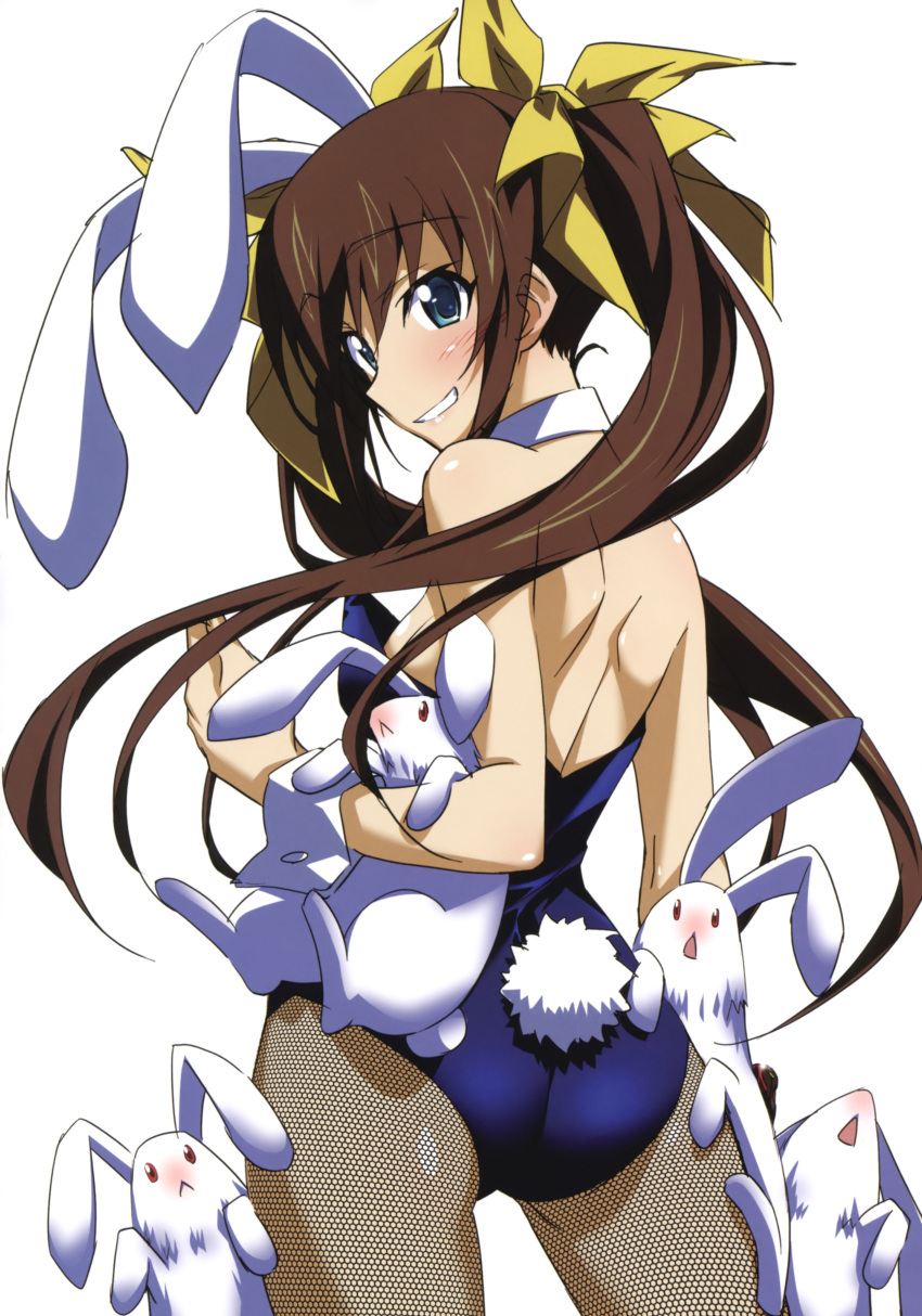 1girl :&gt; :&lt; :d absurdres animal_ears ass back blue_eyes blush brown_hair bunny_girl bunny_tail bunnysuit fishnet_pantyhose fishnets from_behind hair_ribbon highres huang_lingyin infinite_stratos kurashima_tomoyasu long_hair looking_back official_art open_mouth pantyhose rabbit rabbit_ears ribbon smile solo tail twintails