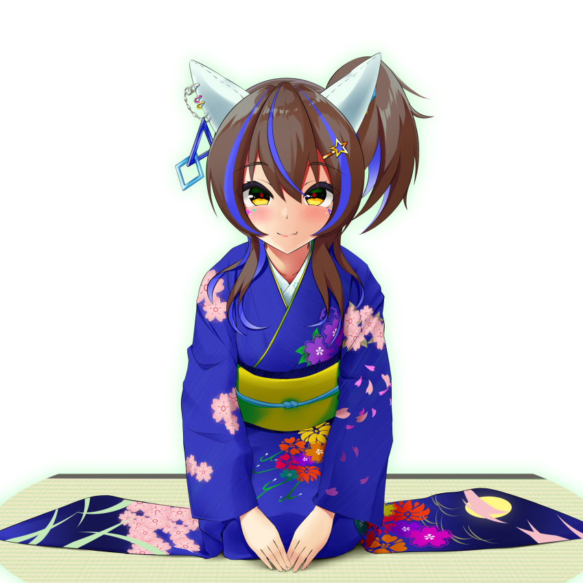 1girl absurdres animal_ears ao_komhur blue_hair blue_kimono blush closed_mouth colored_inner_hair commentary_request daitaku_helios_(umamusume) ear_covers ear_piercing facial_tattoo floral_print highres horse_ears horse_girl japanese_clothes kimono long_sleeves looking_at_viewer medium_hair multicolored_hair obi piercing sash seiza side_ponytail simple_background sitting smile solo streaked_hair tattoo umamusume white_background wide_sleeves yellow_eyes