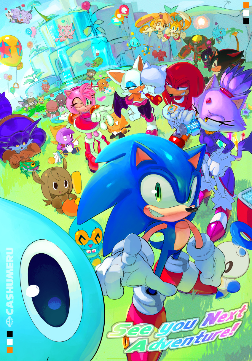 4girls 5boys absurdres amy_rose animal_ears anniversary bat_ears bat_girl bat_wings big_the_cat blaze_the_cat blowing_kiss blue_eyeshadow blue_fur blue_sky brown_gloves cake cake_slice can cashumeru cat_ears cat_girl cat_tail chao_(sonic) chao_garden cheese_(sonic) cooler cream_the_rabbit dark_chao dress e-123_omega egg eyelashes eyeshadow food forehead_jewel fork fox_boy fox_ears fox_tail frog froggy_(sonic) furry furry_female furry_male gloves gold_necklace grass green_eyes heart hero_chao highres ice ice_cube jacket jewelry knuckles_the_echidna looking_at_viewer makeup multiple_boys multiple_girls necklace orange_fur palm_tree pants party_popper purple_fur purple_jacket rabbit_ears rabbit_girl red_dress red_eyes red_footwear robot rouge_the_bat shadow_the_hedgehog sky smirk soda soda_can sonic_(series) sonic_adventure sonic_adventure_2 sonic_the_hedgehog tail tails_(sonic) tikal_the_echidna tree violet_eyes water waterfall white_footwear white_gloves white_pants wings yellow_eyes