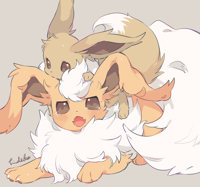 animal_focus animal_on_head blush brown_eyes claws eevee fangs flareon fluffy grey_background hideko_(l33l3b) highres lying no_humans on_head on_stomach open_mouth pawpads pokemon pokemon_(creature) signature simple_background sweatdrop tearing_up tears white_fur