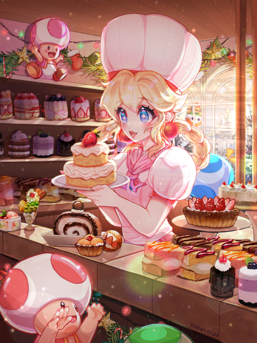 1girl absurdres blonde_hair blue_eyes blue_toad_(mario) braid cake cake_slice chef_hat dress earrings food fruit green_toad_(mario) hat highres holding holding_food indoors jewelry mushroom_bread official_alternate_costume open_mouth pastry_chef_peach pink_dress princess_peach princess_peach:_showtime! puffy_short_sleeves puffy_sleeves red_toad_(mario) short_sleeves sphere_earrings strawberry super_mario_bros. toad_(mario) white_headwear