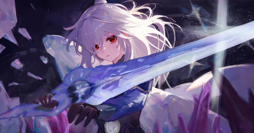 1girl absurdres bare_shoulders black_gloves blue_sleeves c1718259 closed_mouth crystal_sword detached_sleeves expressionless gloves hair_between_eyes high_ponytail highres holding holding_sword holding_weapon honkai:_star_rail honkai_(series) ice_shard jingliu_(honkai:_star_rail) long_hair looking_at_viewer red_eyes solo sword weapon white_hair