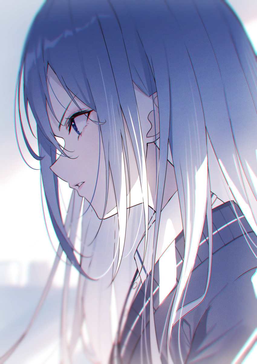 1girl absurdres blue_eyes blurry commentary depth_of_field from_side glaring grey_hair grey_sweater highres immiscible_discord_(project_sekai) long_hair looking_to_the_side parted_lips portrait project_sekai shirt sidelocks simple_background solo sweater white_shirt yoisaki_kanade yuki_hare1130