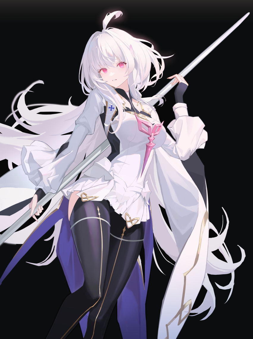 1girl absurdres ahoge bare_hips black_background black_leggings breasts fate/grand_order fate_(series) highres holding holding_staff lady_avalon_(fate) large_breasts leggings long_hair looking_at_viewer merlin_(fate/prototype) parted_lips pink_eyes senya8833 solo staff white_hair