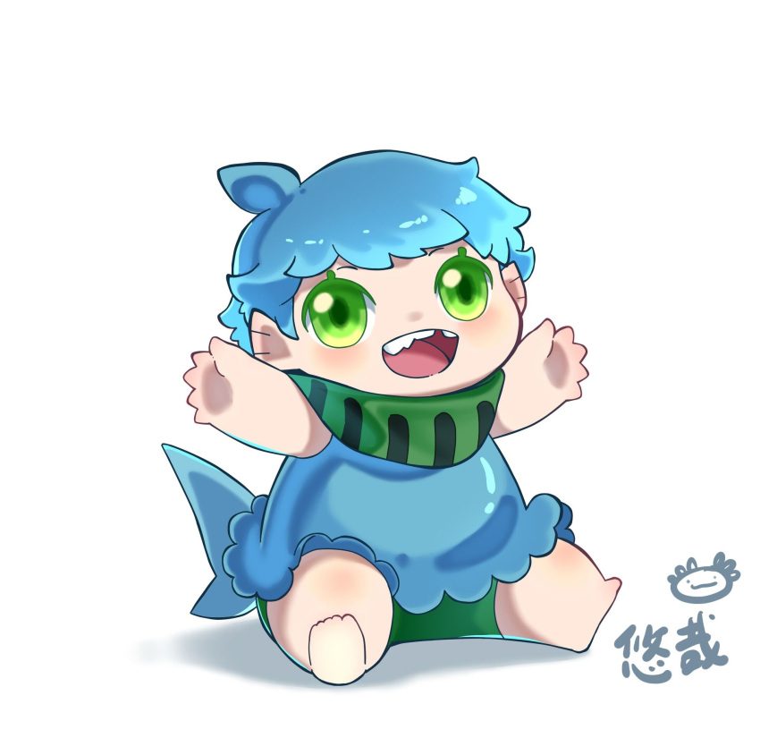 1girl arms_up baby barefoot ben_10 ben_10:_omniverse blue_hair blue_tail chinese_commentary fins fish_tail green_eyes head_fins highres missing_tooth shark_tail short_hair simple_background sitting solo tail white_background youzaiyouzai112